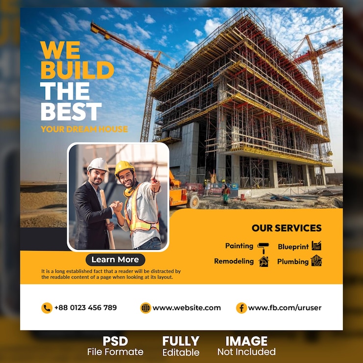 PSD serviços de construção e habitação post de mídia social e projeto de banner de desenvolvedor imobiliário