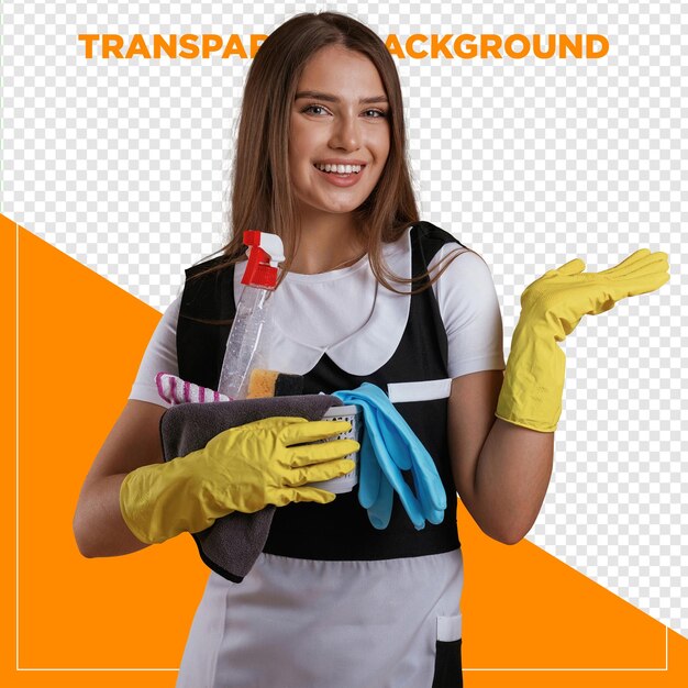 Servidora com produtos de limpeza com fundo transparente