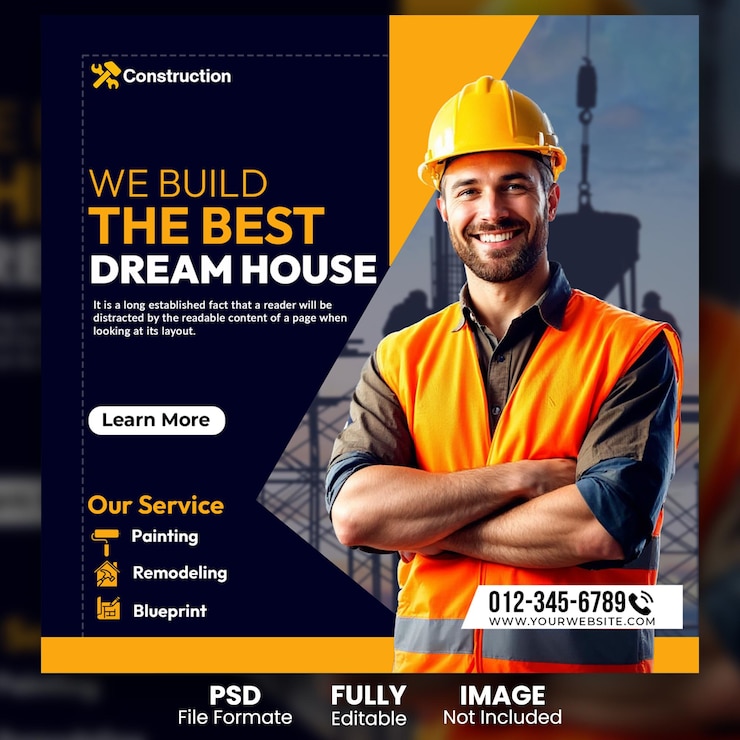 PSD servizi di costruzione e abitazione post sui social media e progettazione di banner per sviluppatori immobiliari