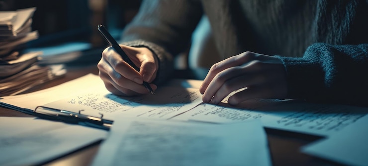PSD sesión de estudio nocturno una persona escribiendo