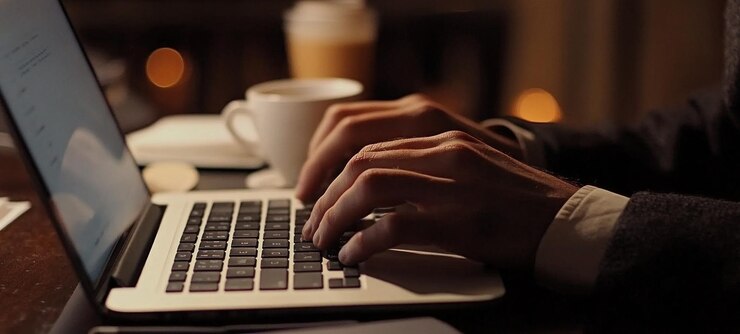 PSD sessão nocturna de trabalho uma pessoa a digitar num portátil numa atmosfera aconchegante