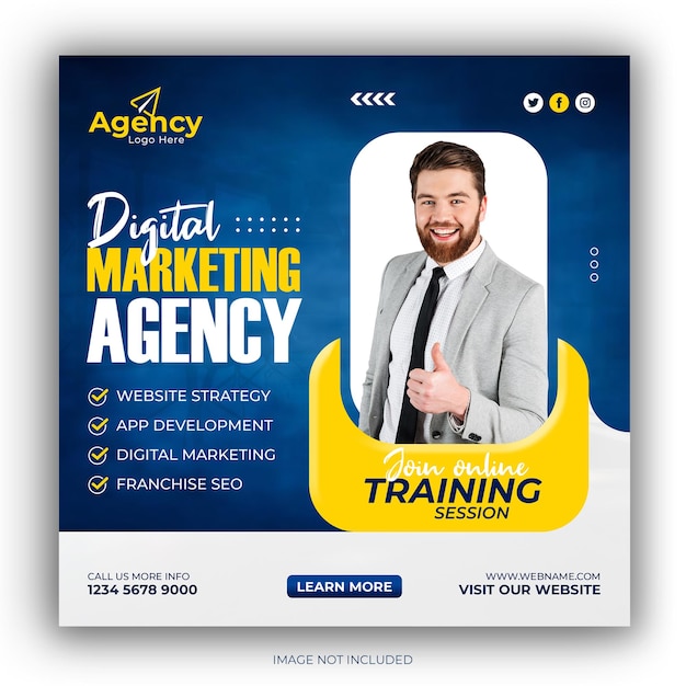 Sessione di formazione online dell'agenzia di marketing digitale Social Media Post Webinar Template Design
