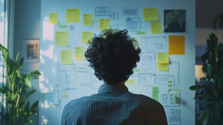 PSD sessione di pianificazione strategica un uomo rivede i post-it su una lavagna profondamente coinvolto nel pensiero