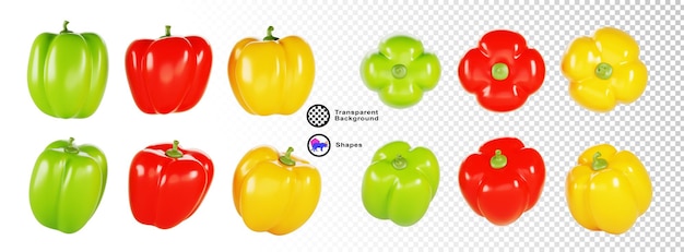 Set 3d de poivre en différents angles Légume vert jaune rouge paprika sucré capsicum sur fond blanc Nourriture saine biologique Icône de rendu de dessin animé élément de conception isolé