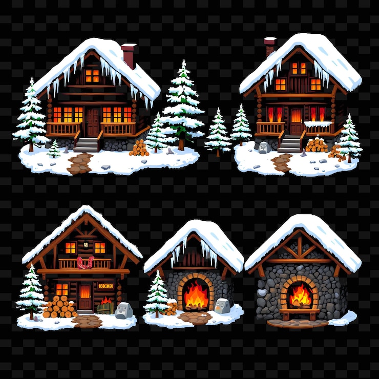 PSD set alpine lodges con aleros cubiertos de nieve pinos decorados con ici png diseño de elementos de la casa