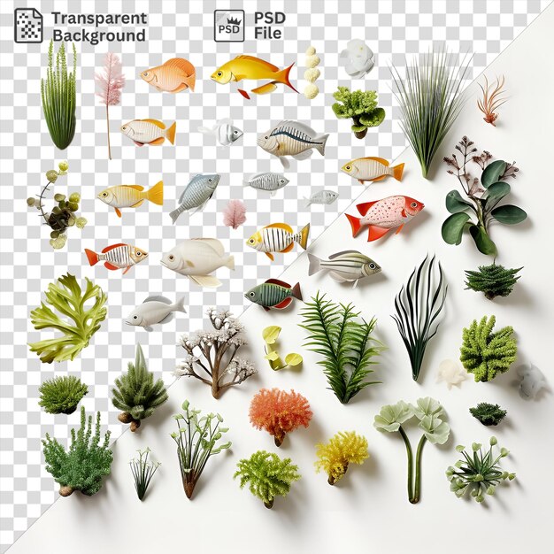 PSD set d'aquarium de poissons et de récifs exotiques haut de gamme présentant une variété de poisson et de plantes colorés, y compris des variétés orange, jaune, blanc et gris, ainsi que de petites plantes vertes et de fleurs.