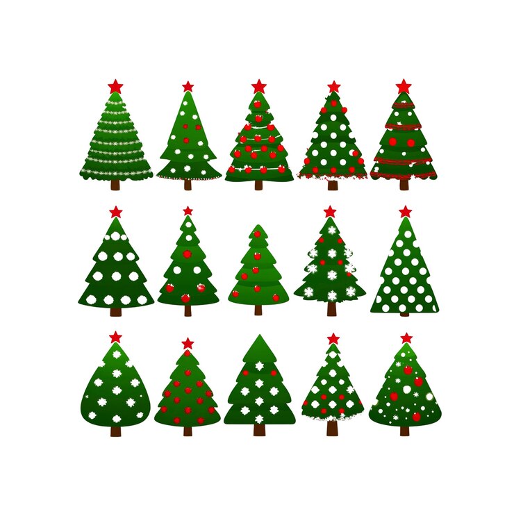 PSD set de árbol de navidad 18 adornos de árbol de navidad con bolas rojas estrellas luces y nieve