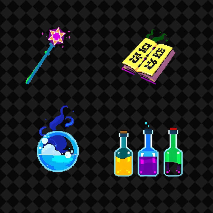 PSD set con artículos varita mágica libro encantado botellas de poción de bola de cristal una varita mágica con carrera brillante