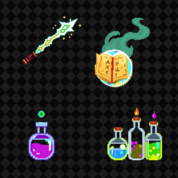 Set con artículos varita mágica libro encantado botellas de poción de bola de cristal una varita mágica con carrera brillante