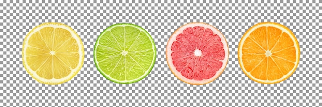 Set aus frischen Zitrus-Zitronen-Grapefruit und Orangenscheiben auf transparentem Hintergrund