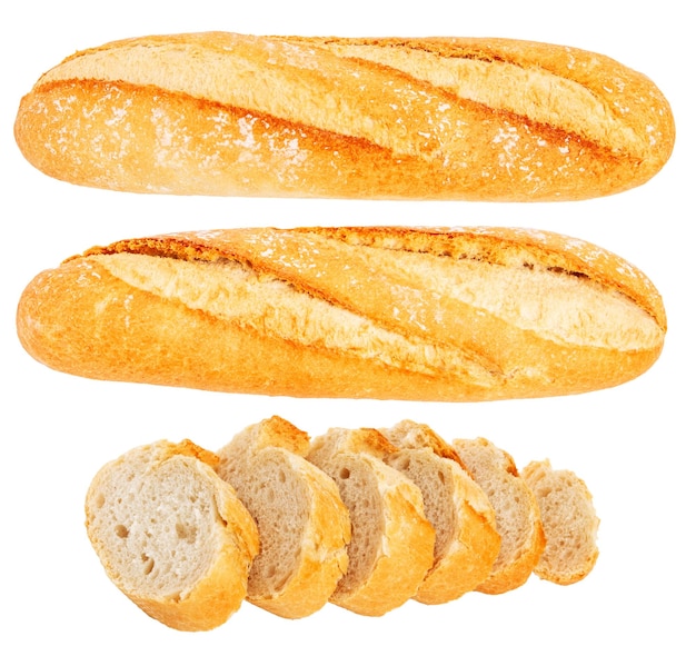 Set aus ganzem und geschnittenem Baguette-Brot auf leeren, leeren Hintergrund