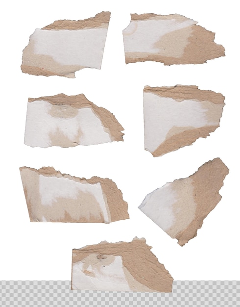 Set aus hochwertigem zerrissenem Papier, Karton, Kanten, Isolierte Stücke auf weißem Hintergrund