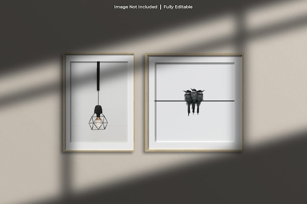 Set aus Holz-Poster-Fotorahmen-Modell in minimalistischem Raum mit Schattenüberlagerung