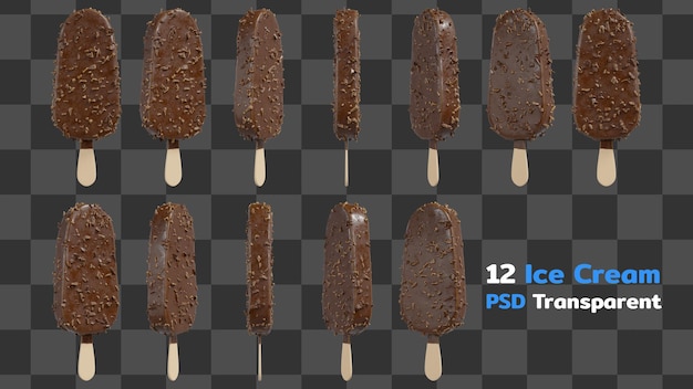 Set aus Vanille-Eis-Stick-Bar mit Schokolade und knusprigen Mandeln isoliert auf transparentem Hintergrund 3D-Render-Illustration