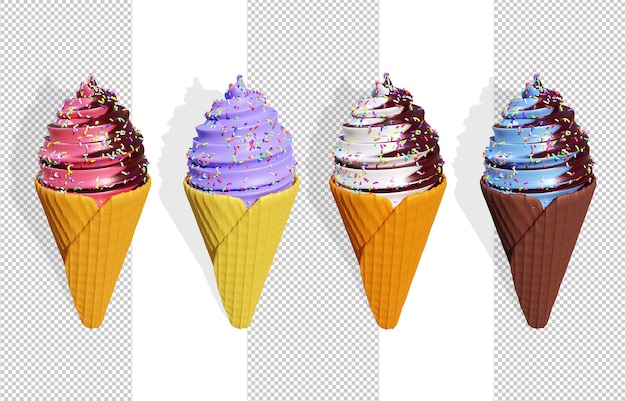 Set aus verschiedenen Eisportionierern in Waffelkegeln 3D-Rendering.