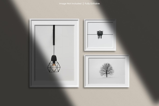 Set aus weißem Poster-Fotorahmen-Modell in minimalistischem Raum mit Schattenüberlagerung