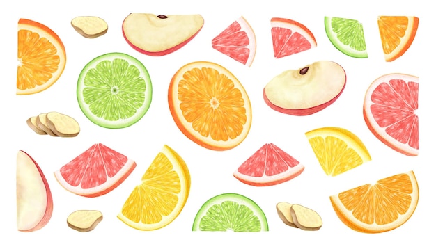 Set aus Zitrusappelscheiben und Ingwer Aquarellillustration Lime Orange Zitrone Grapefruit gemalt