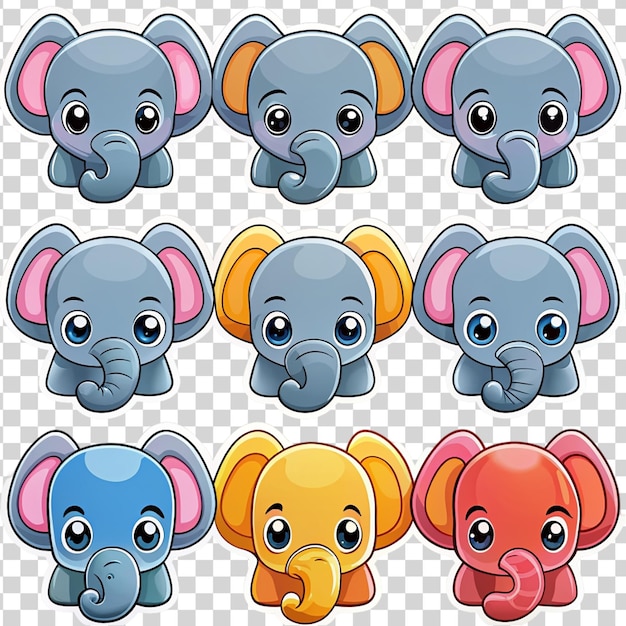 PSD set d'autocollants d'éléphant de dessin animé isolés sur fond transparent