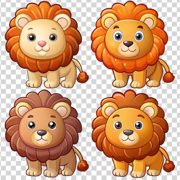 PSD set d'autocollants de lions de dessins animés isolés sur fond transparent