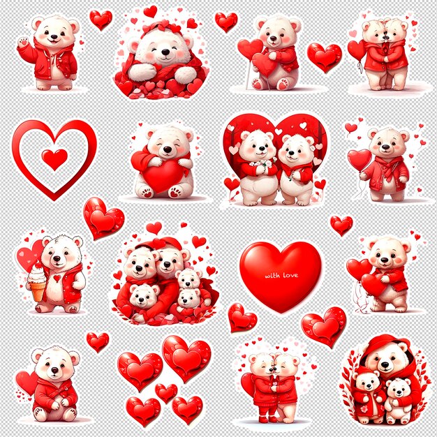 PSD set d'autocollants de saint-valentin avec des ours mignons et des cœurs rouges fond transparent clipart d'amour 2k