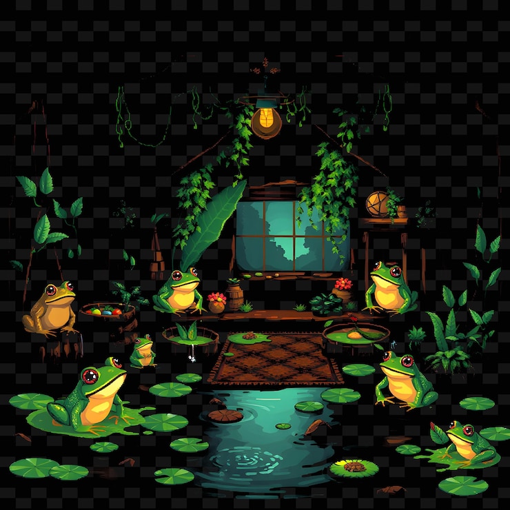 PSD set cabaña de humedal con ranas estatuas de ranas decoración verde vigas de madera orejas diseño de elementos de casa png