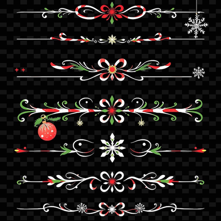 PSD set de cannes de bonbons ornements étoiles scintillantes et flocons de neige palette rouge vif vert et blanc v