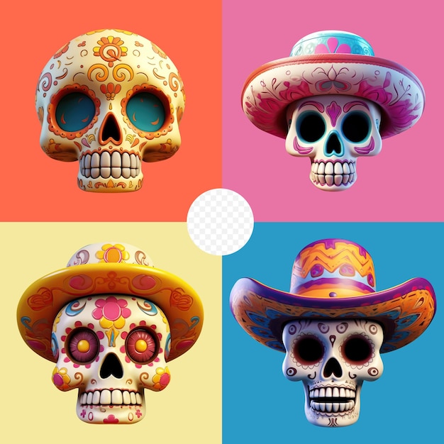 PSD set cartoon skeletons dans un costume masculin mexicain avec un sombrero