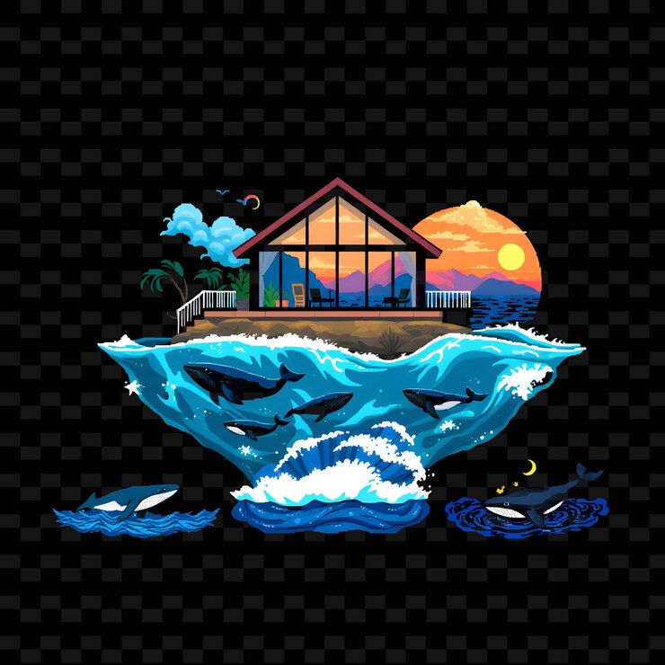 PSD set casa frente al océano con ballenas decoración temática de ballenas colores del océano gran w diseño de elementos de la casa png