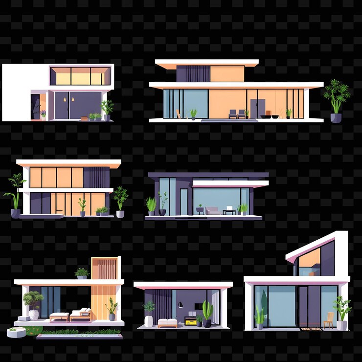 PSD set casas modernas minimalistas com linhas limpas e elegantes vidro e aço fac design de elementos de casas pngsa