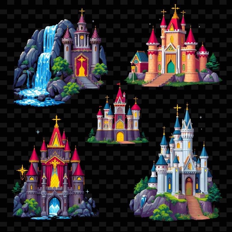 PSD set castelos de contos de fadas com cachoeiras espumantes portas douradas pedra wal png casa element designsl