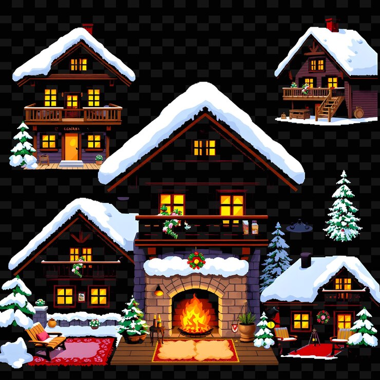 PSD set chalet austriaco con calor de invierno techo cubierto de nieve balcón de madera diseño de elementos de casa png