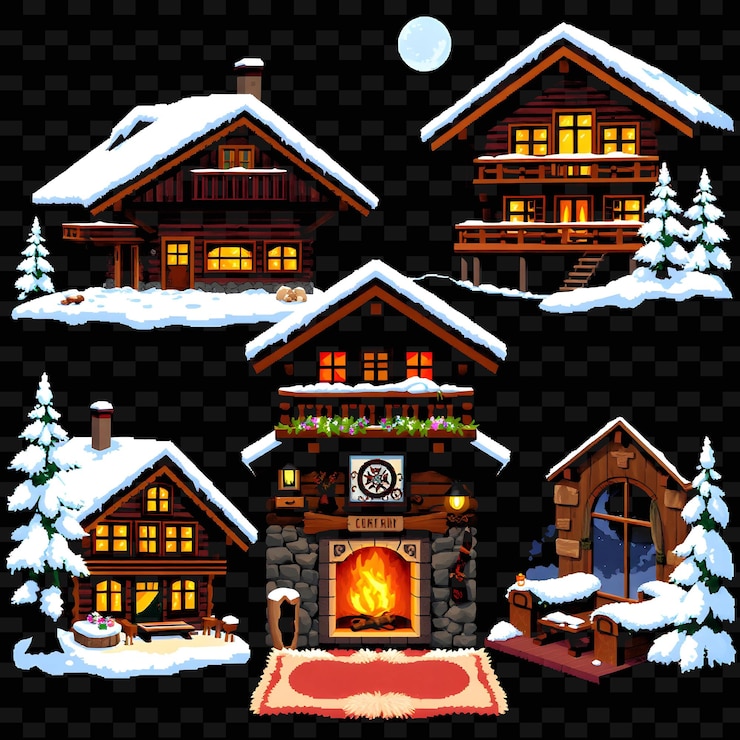 PSD set chalet austriaco con calor de invierno techo cubierto de nieve balcón de madera diseño de elementos de casa png