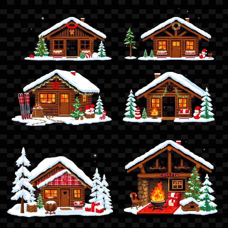 PSD set chalets con alpine christmas coziness esquís de madera rojo y blanco de png diseño de elementos de la casa