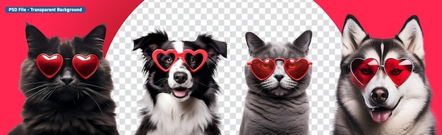 PSD set de chiens et de chats avec des lunettes de soleil au cœur