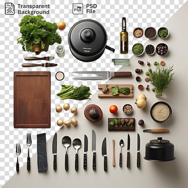 PSD set de cocina gourmet de chefs profesionales con una variedad de herramientas e ingredientes de cocina, incluida una olla negra de cuchillo de plata y una cuchara de plata dispuestas sobre un fondo transparente con