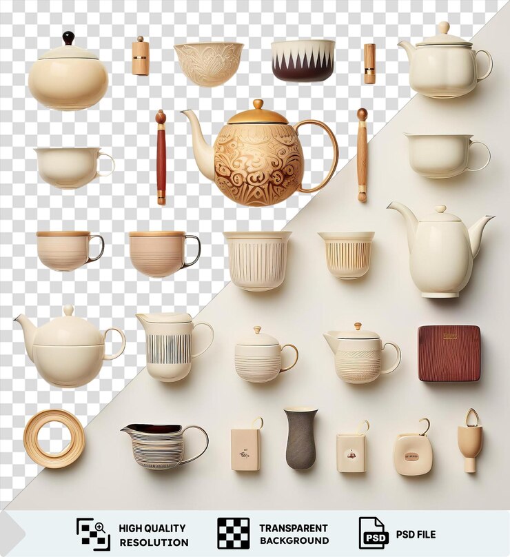 PSD set de colección de té vintage con una variedad de teteras y tazas, incluidas tazas blancas, marrones y pequeñas, así como una teteras con mango marrón.