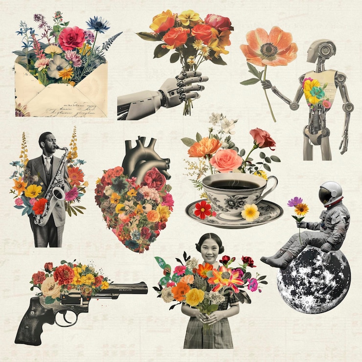 PSD set de collage d'art floral surréaliste