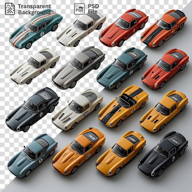 PSD set de collection de modèles de voitures exotiques avec une variété de couleurs et de styles, y compris des voitures grises, bleues, orange, jaunes, grises et argentées ainsi qu'une petite voiture