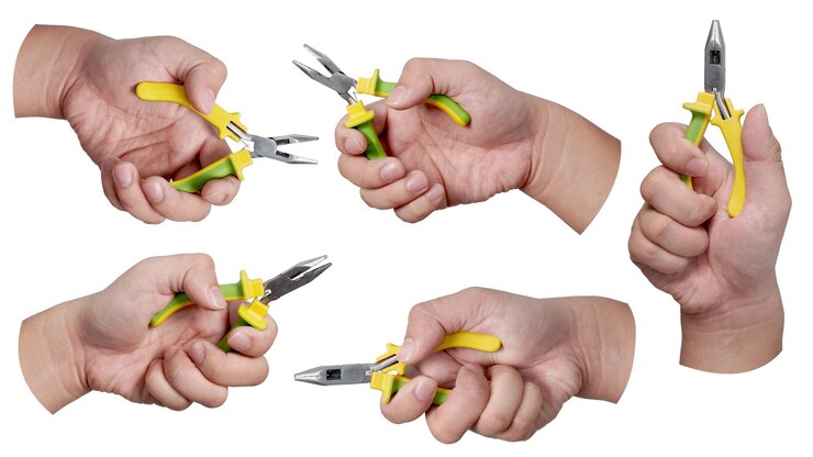 PSD set collection of male person hand holding pliers cut out isolated