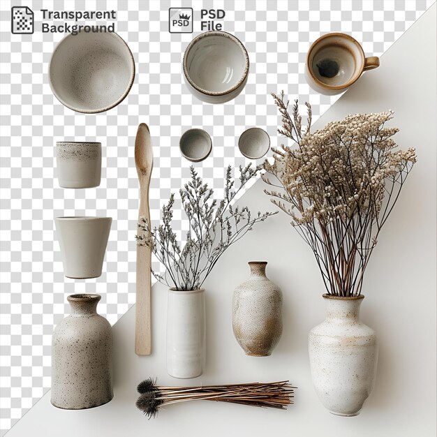 PSD set de collection de poterie faite à la main avec des vases blancs et bruns, une cuillère en bois et une tasse blanche