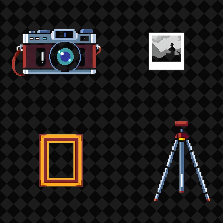 PSD set com itens câmera quadro de foto trípode uma câmera vintage com uma alça de couro uma foto em desenvolvimento