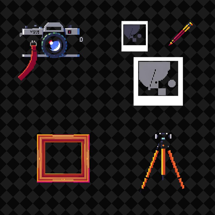 PSD set com itens câmera quadro de foto trípode uma câmera vintage com uma alça de couro uma foto em desenvolvimento
