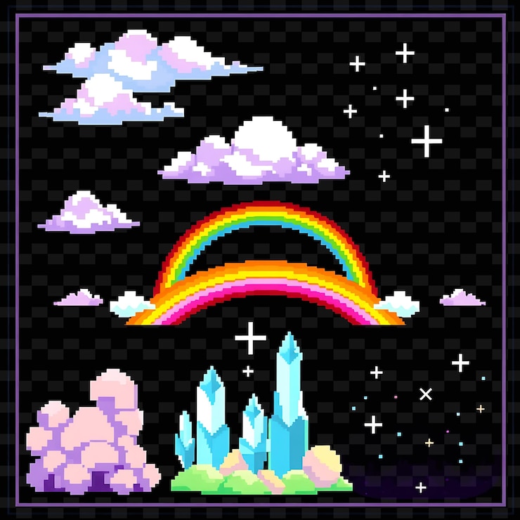 PSD set com itens nuvens flutuantes ponte de arco-íris árvores de cristal céu estrelado nuvens pastel suaves de cores