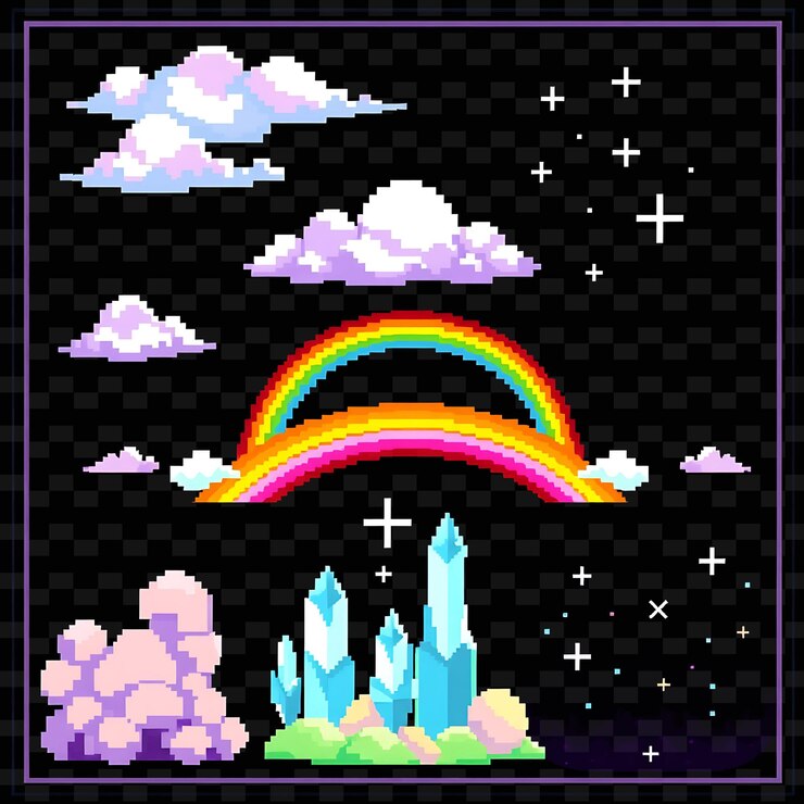 PSD set com itens nuvens flutuantes ponte de arco-íris árvores de cristal céu estrelado nuvens pastel suaves de cores