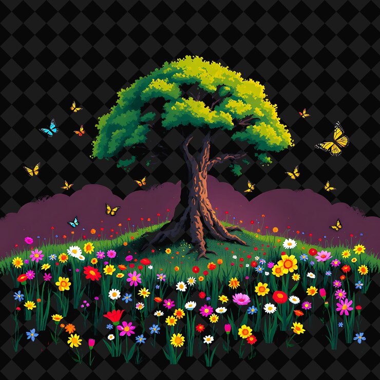 PSD set com itens prado flores silvestres borboletas árvore antiga um prado vibrante irrompe com flores silvestre