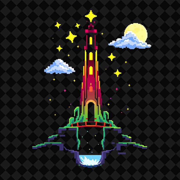 PSD set com itens torre encantada estrelas brilhantes nuvens iluminadas pela lua ponte etérea torre encantada str