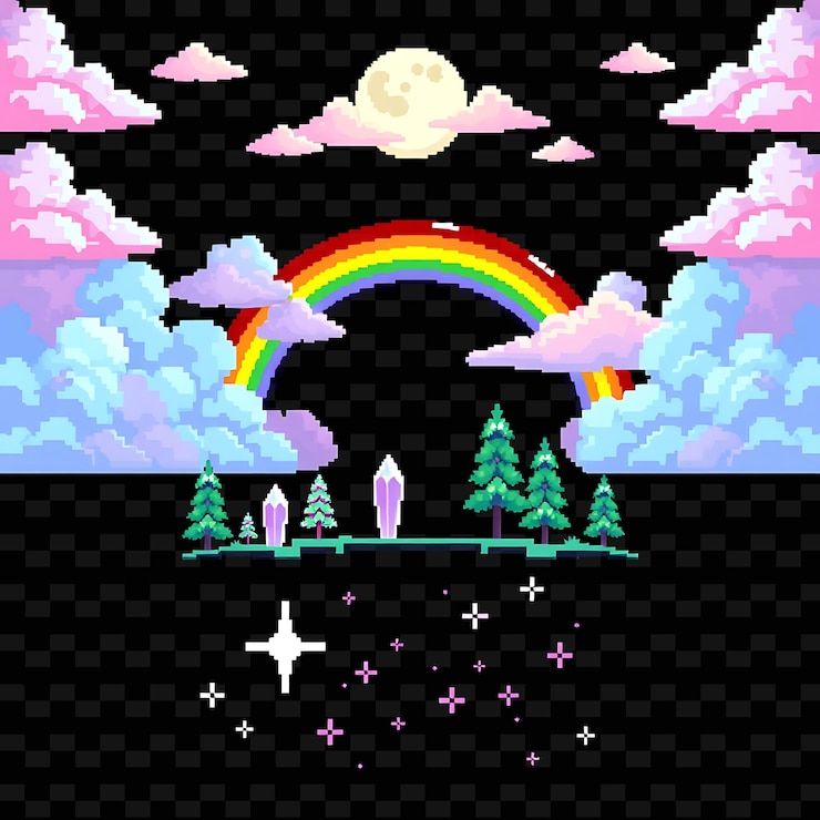 PSD set con oggetti nuvole galleggianti ponte arcobaleno alberi di cristallo cielo stellato nuvole pastello morbido