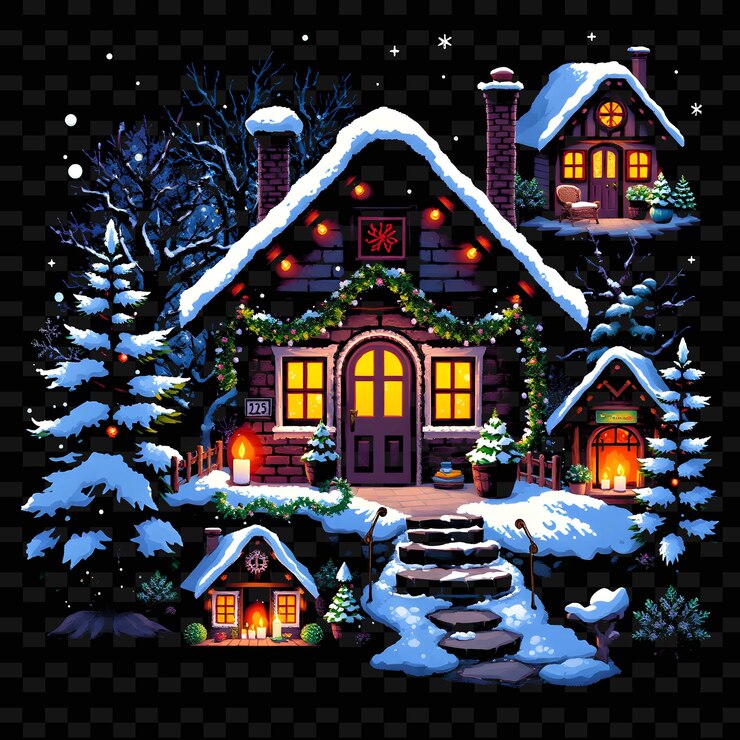 PSD set cottage con encanto de invierno los copos de nieve caen las luces parpadeantes g png diseño de elementos de la casasl
