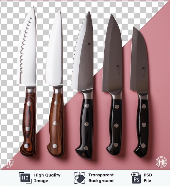 PSD set de couteaux de chef professionnel de chef39s présentant une variété de couteaux avec des poignées noires, brunes et en bois, y compris un couteau tranchant avec une lame d'argent, un couteaux tranchant avec un