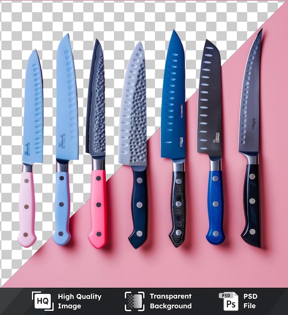 PSD set de couteaux professionnels de haute qualité psd chef39s présentant une variété de couteaux avec des poignées bleues, roses et noires affichées sur un fond rose